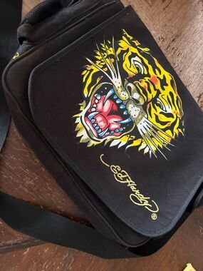 Ed Hardy Black Messenger Bag with Yellow Tiger Graphic
